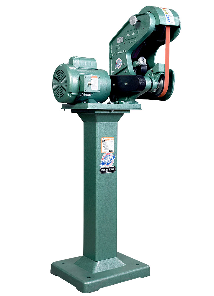 56100 Model 562 Belt Grinder / Sander shown with optional 01 pedestal.  Fixed and adjustable height pedestals are available for all Burr King grinders and polishers.
